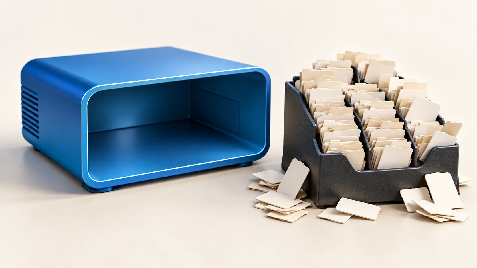 A spacious blue storage enclosure beside a crowded organizer of small file cards, illustrating free storage versus file-count pressure.