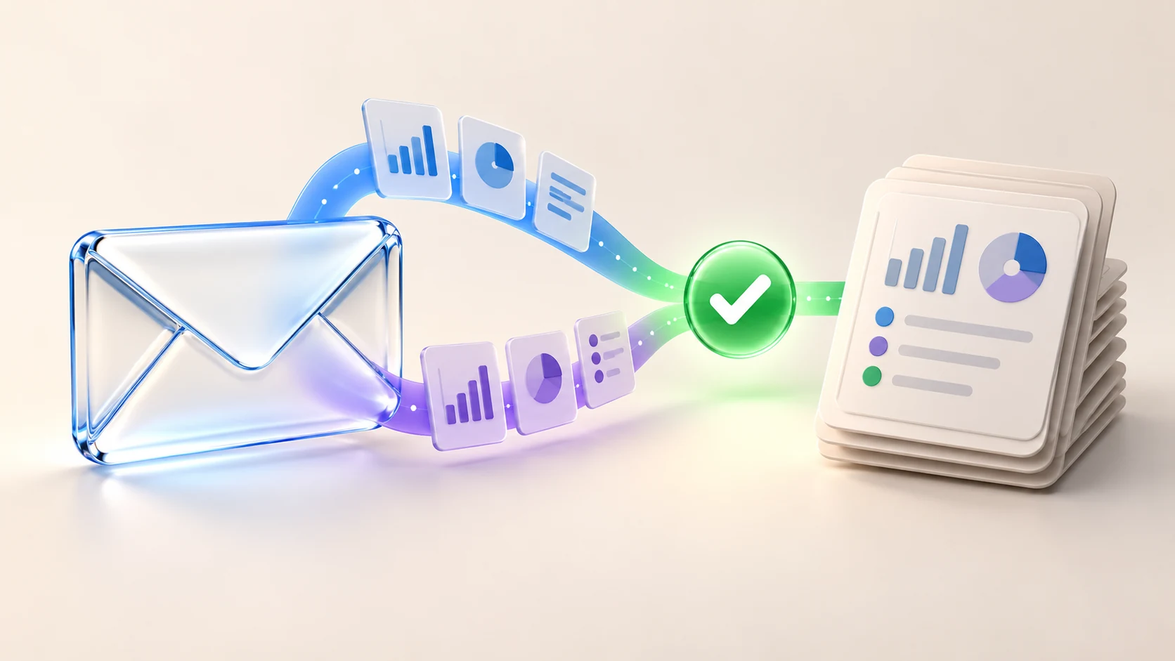 A glass envelope beside report cards, with two abstract verification paths and a green check.