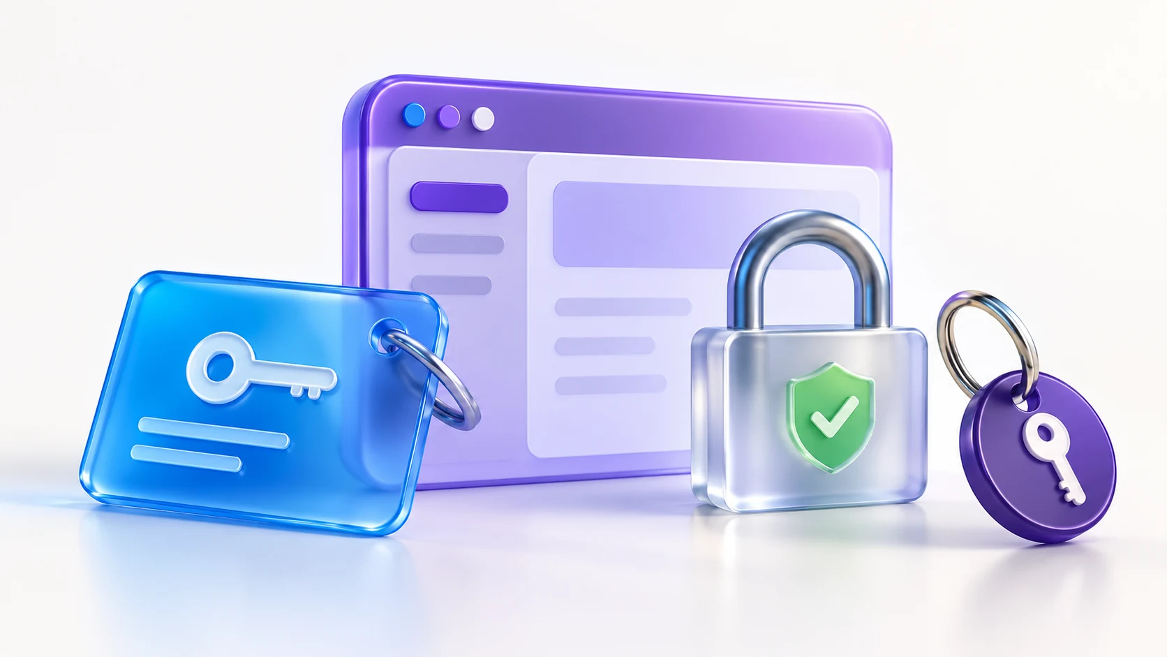 A blue key card, a purple web window, a lock and a separate revocable key token.