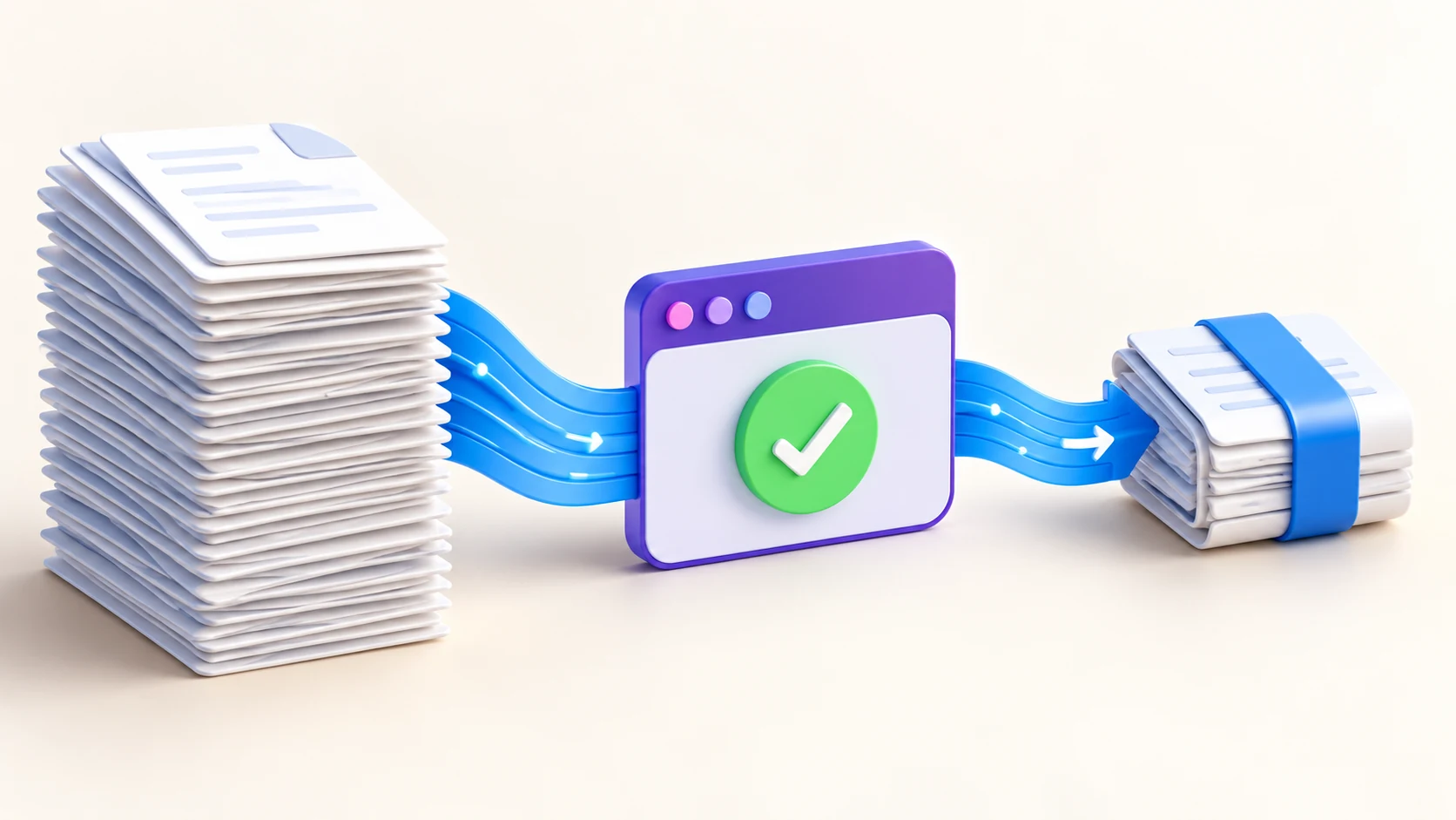 An expanded document stack and a compact packet beside a browser-shaped object and verification check.
