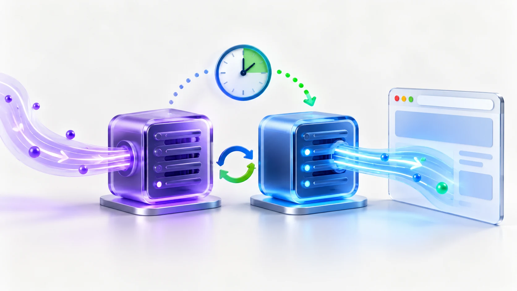 Conceptual illustration of two runtime modules, streaming data, a clock and a reconnect symbol.