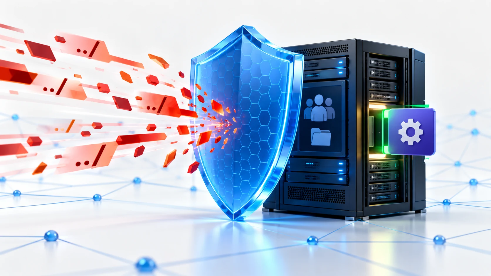 Conceptual blue web application firewall shielding an enterprise application server while a software patch is applied.
