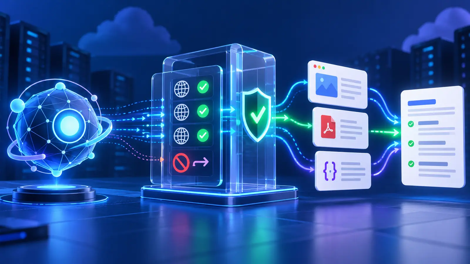 AI agent sending web requests through a security gateway to webpage, PDF and JSON documents