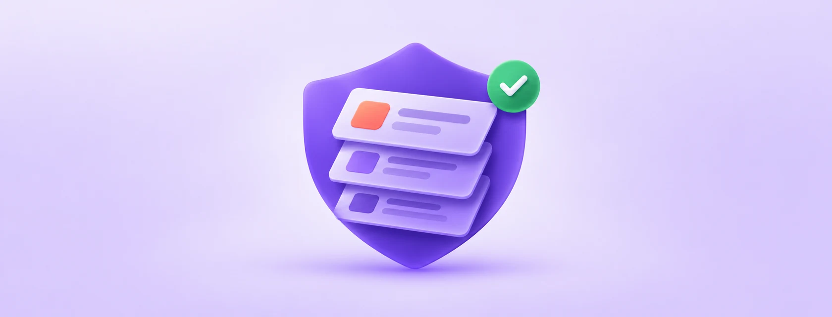 Three stacked content cards on a purple shield with a green check mark, representing a verified WordPress update.