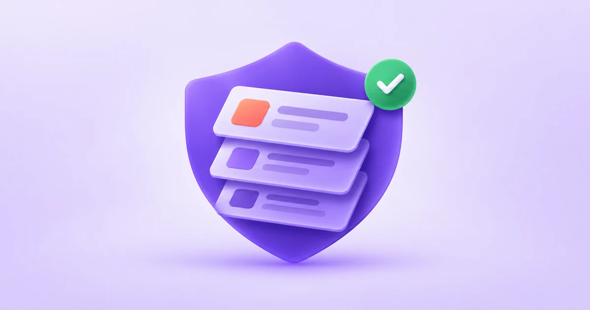 Three stacked content cards on a purple shield with a green check mark, representing a verified WordPress update.