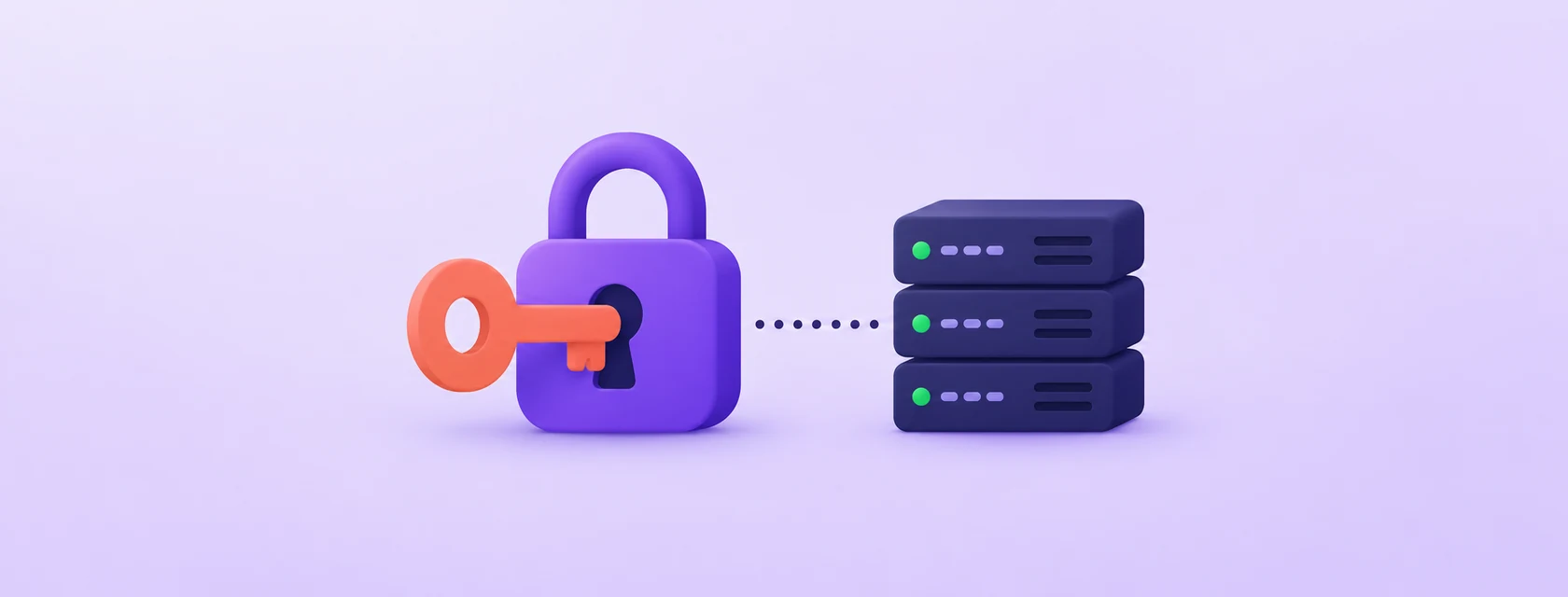 A purple padlock with a coral key inserted, linked by a dotted line to three server boxes.