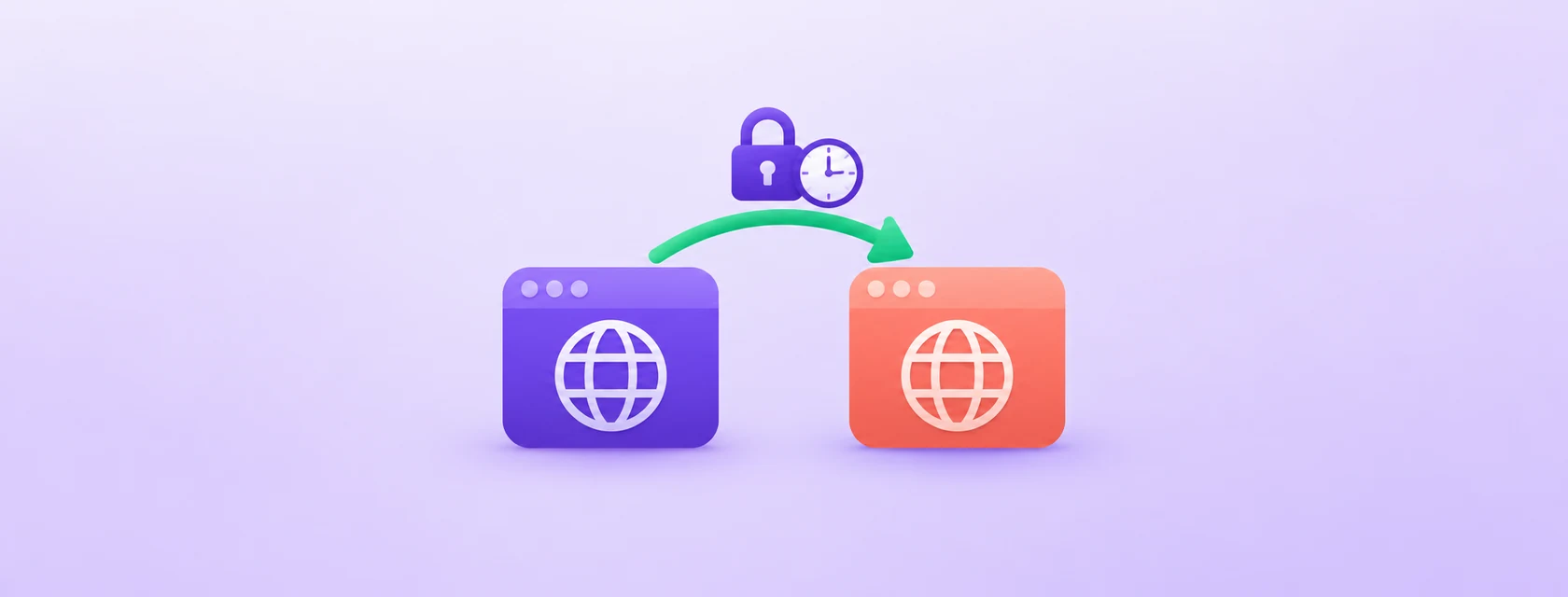 Two registrar tiles joined by a curved arrow, with a padlock and clock representing domain-transfer security and waiting periods.