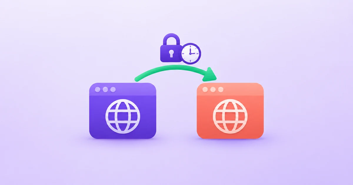 Two registrar tiles joined by a curved arrow, with a padlock and clock representing domain-transfer security and waiting periods.