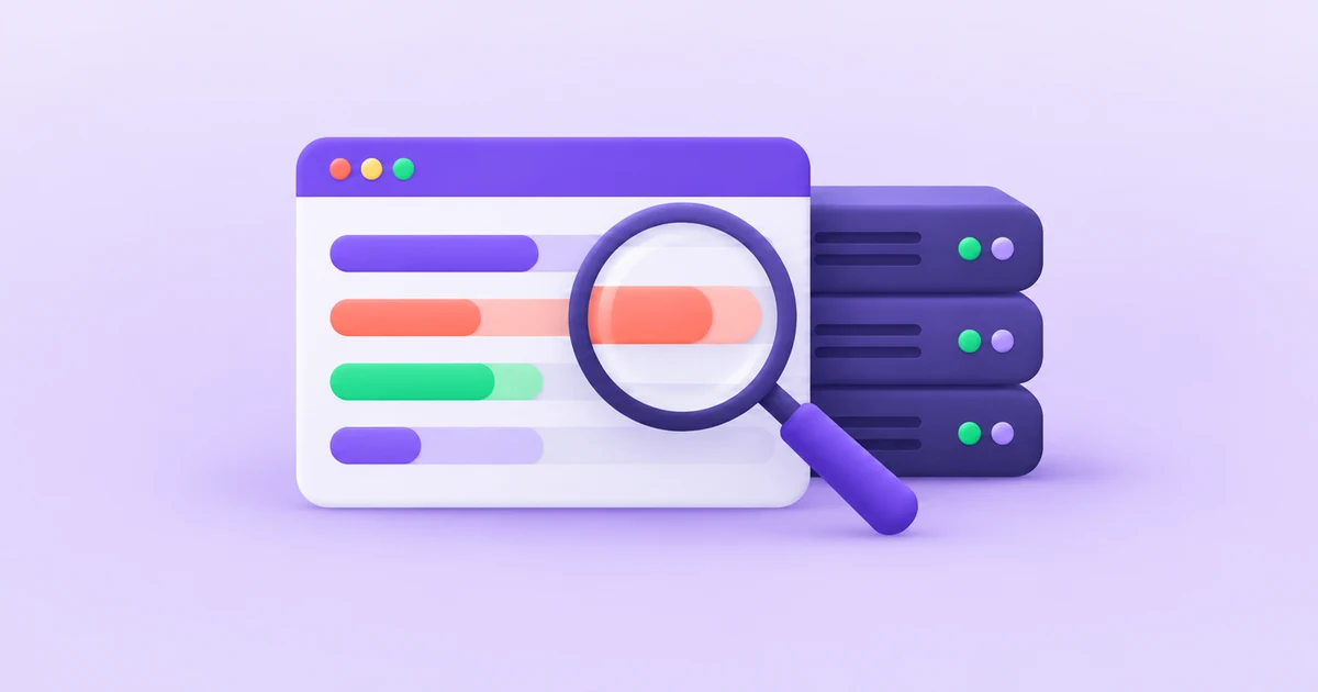 A magnifying glass highlights a performance bar on a browser card beside a server stack.