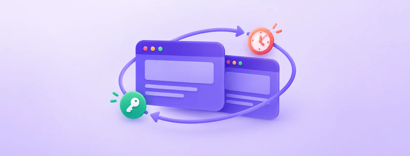 Two purple browser cards inside a continuity loop, with a clock and detached key token.