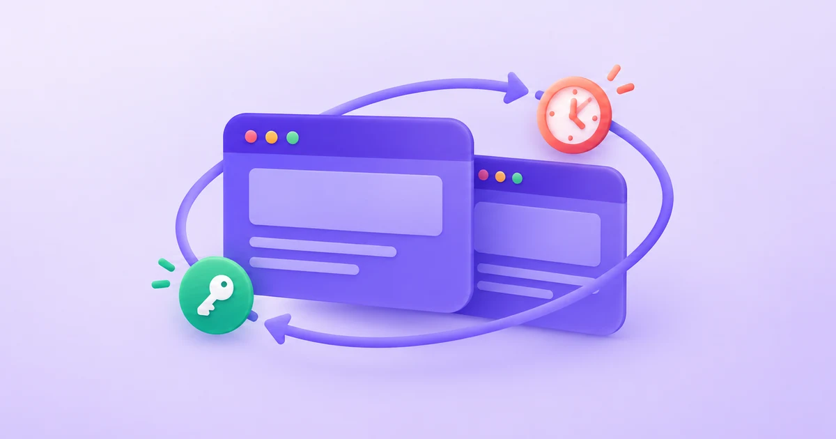 Two purple browser cards inside a continuity loop, with a clock and detached key token.