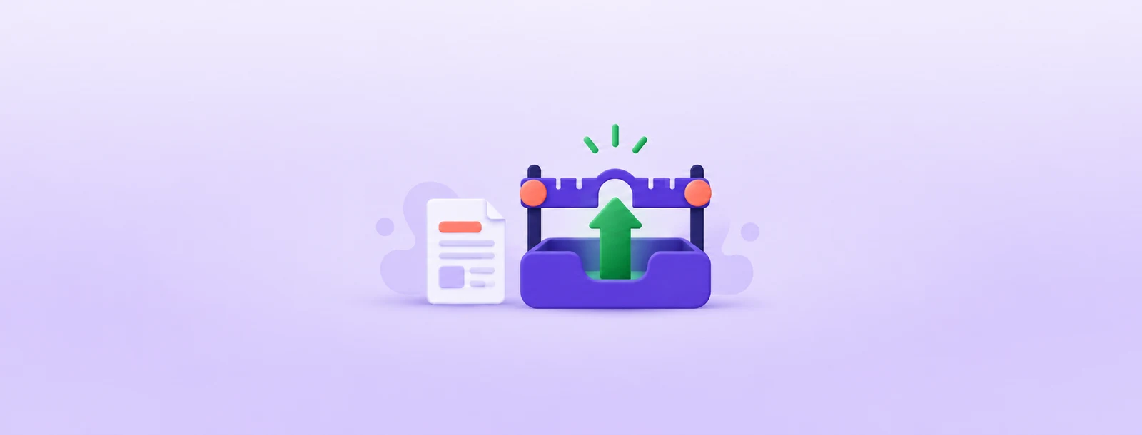 A document beside a purple upload tray and adjustable gate, with a green upload arrow passing through.
