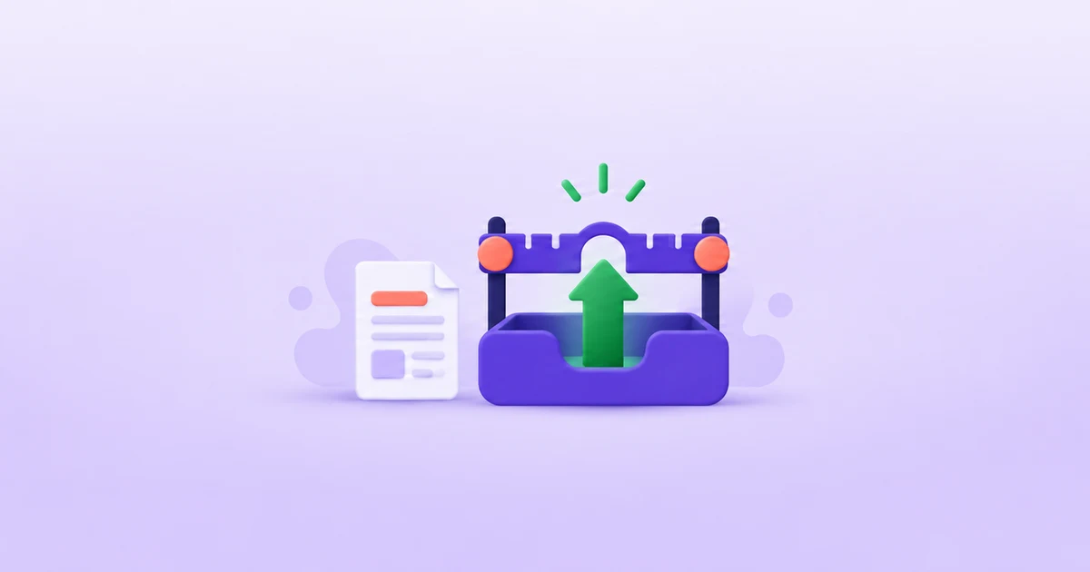 A document beside a purple upload tray and adjustable gate, with a green upload arrow passing through.