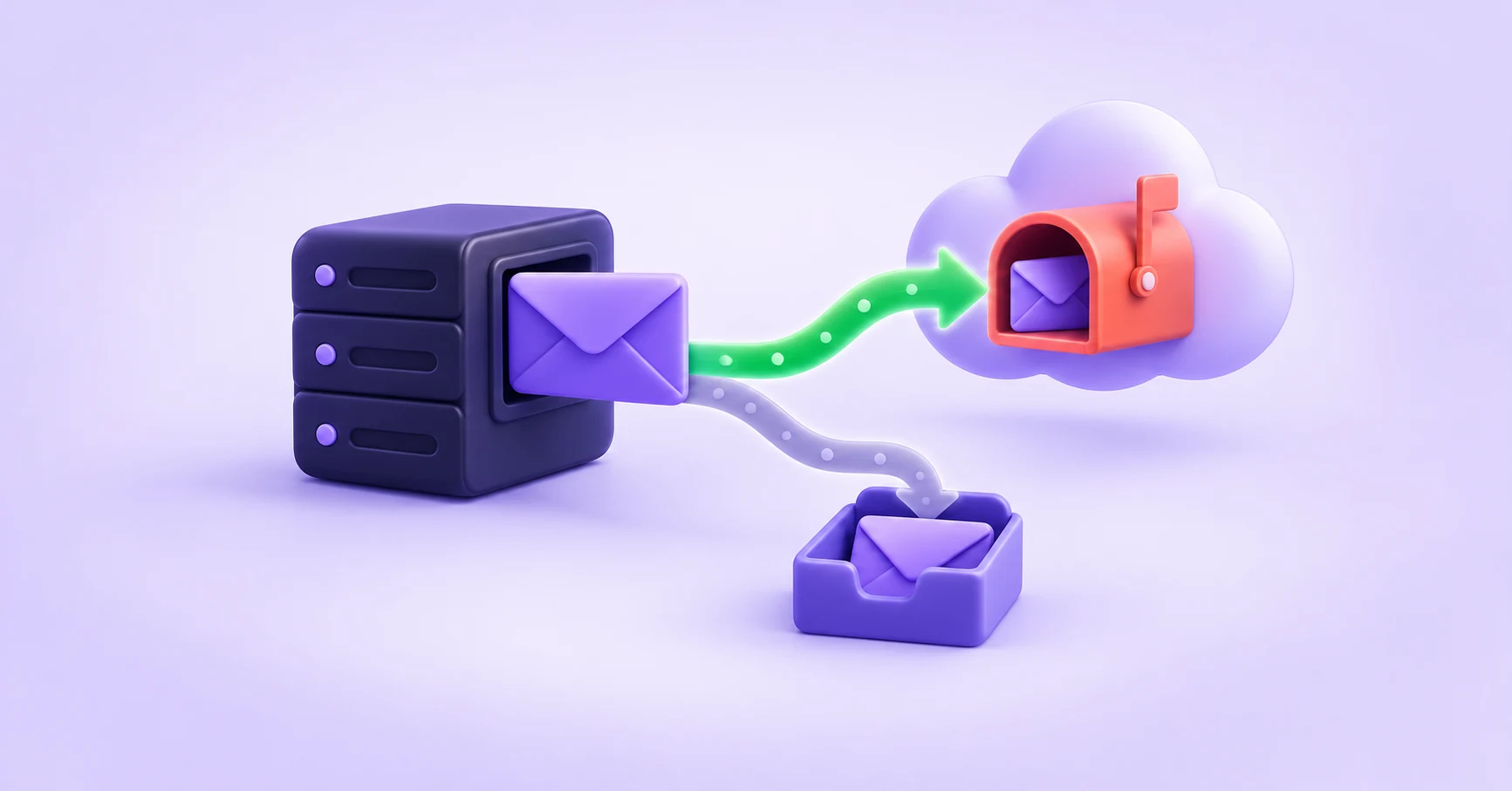 A purple server sends an envelope along branching routes toward a local tray and a remote cloud mailbox.