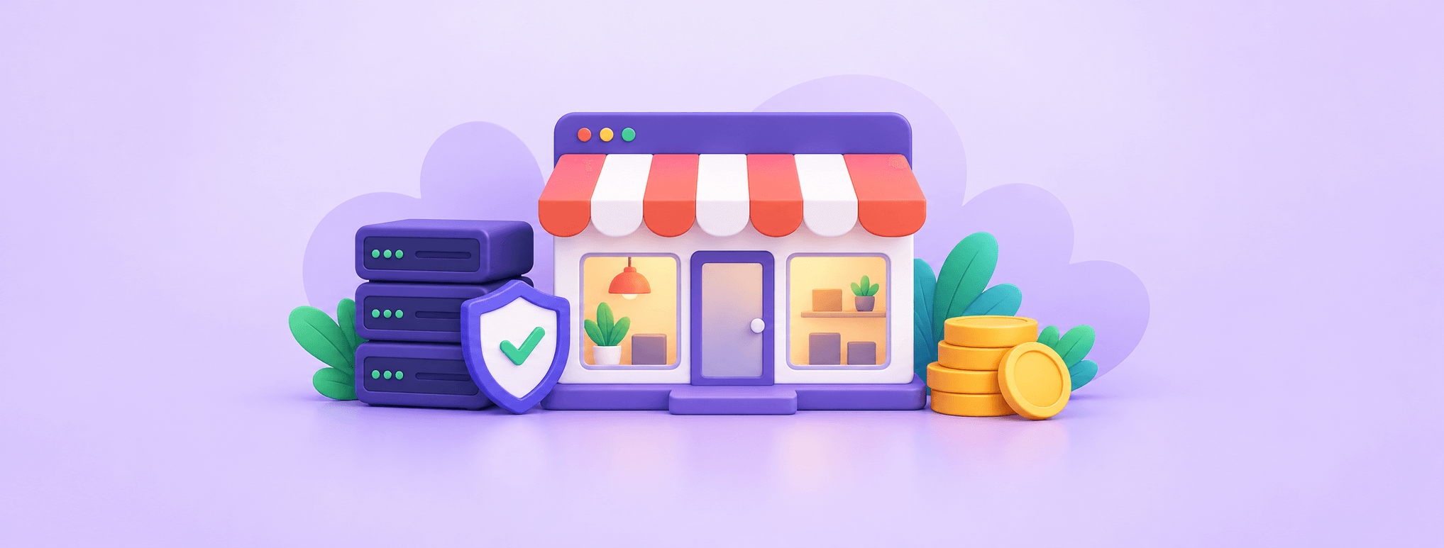 A storefront beside a server, a protective shield and coins, illustrating small-business hosting decisions.