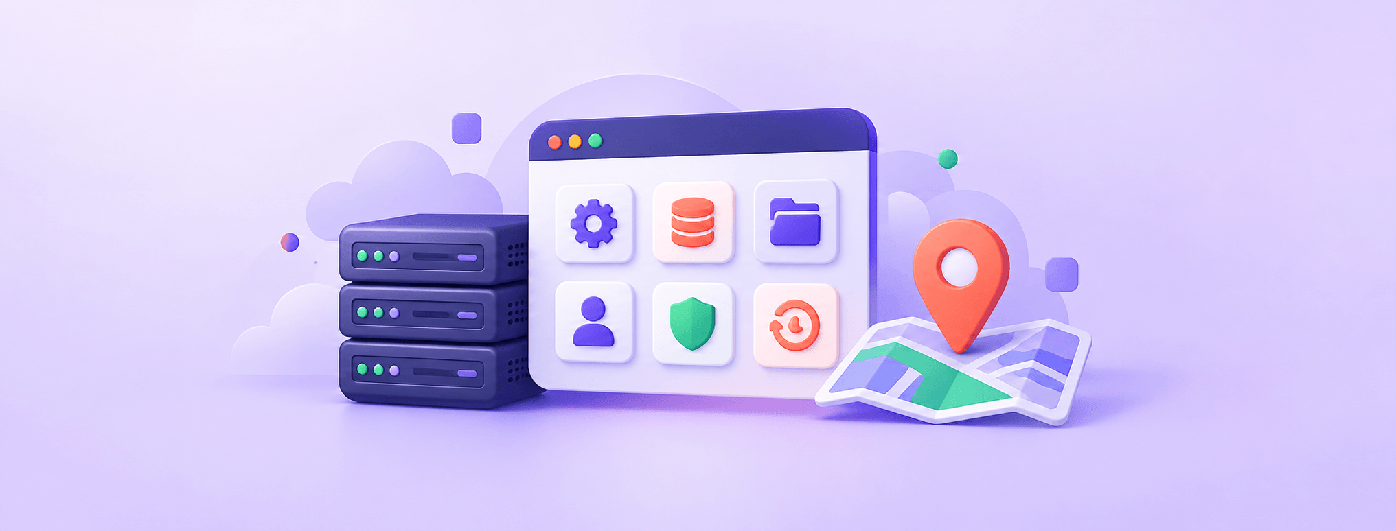 A hosting control panel, server stack and location pin, illustrating checks for US cPanel hosting.