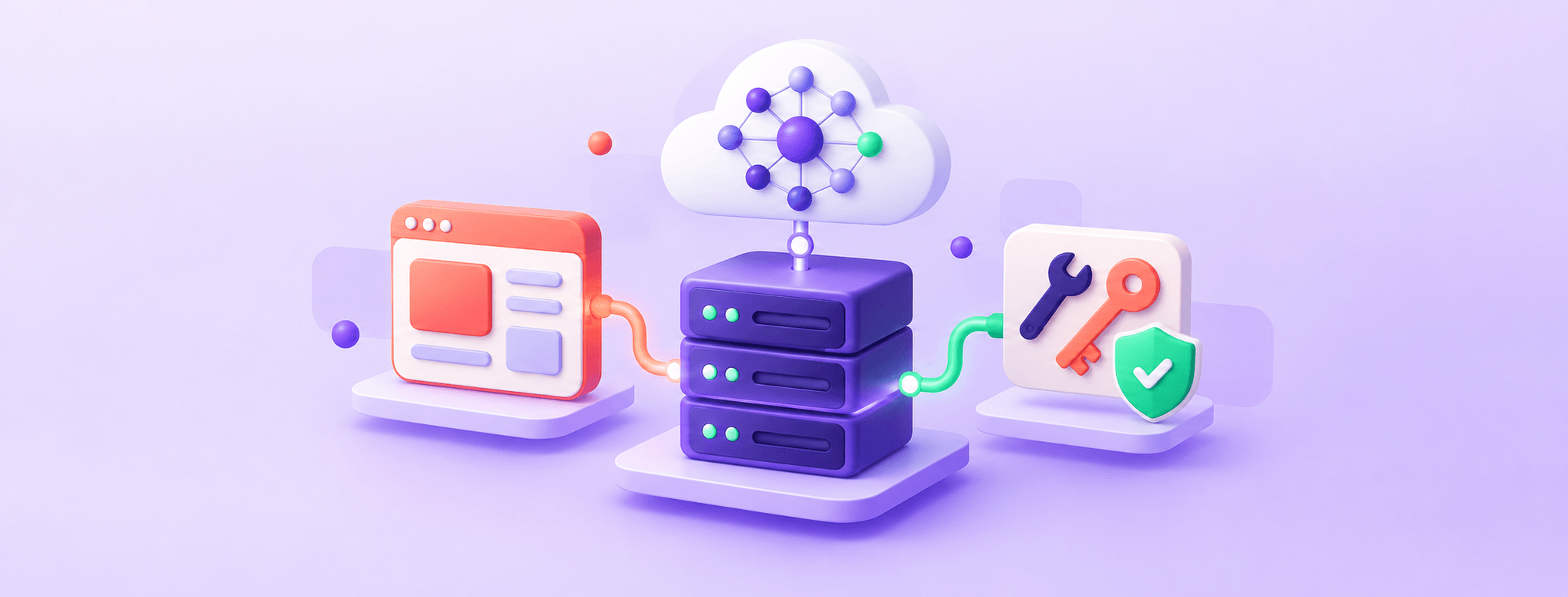 A server surrounded by application, model-cloud and protected-tool symbols, illustrating AI-agent hosting architecture.