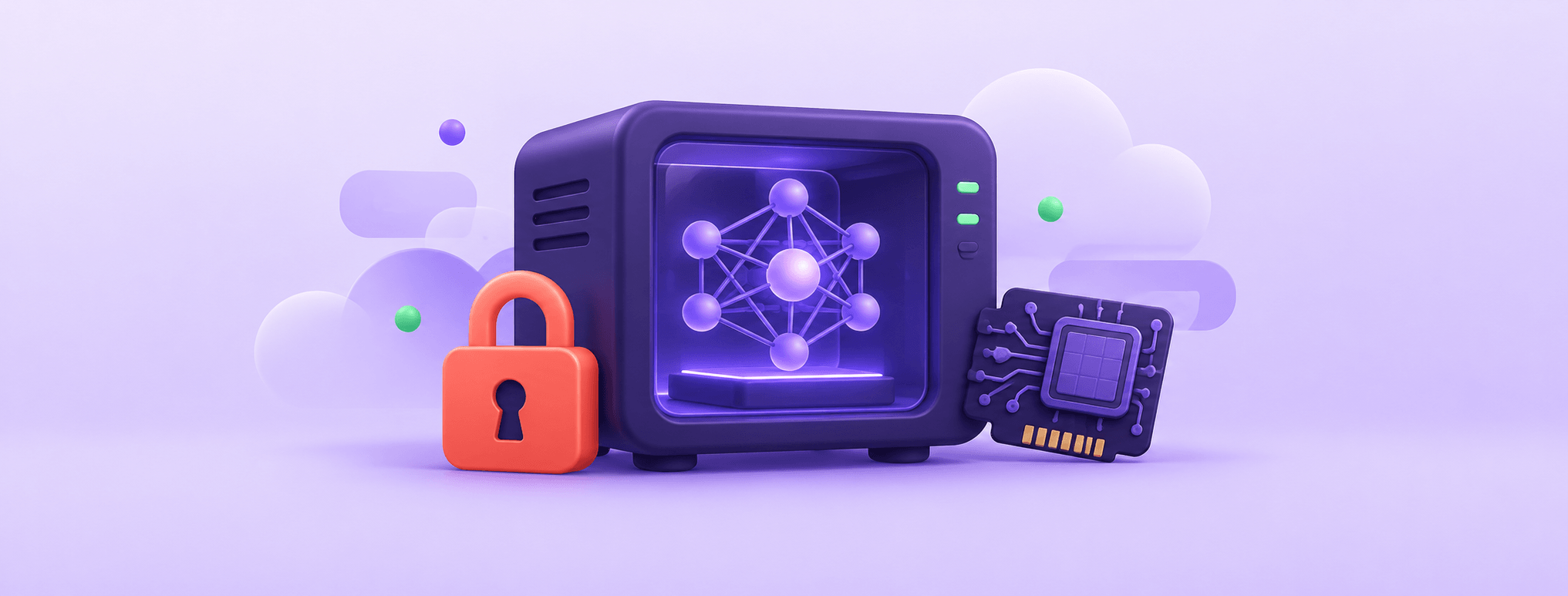 A model-network symbol inside a private server enclosure beside a padlock and circuit tile.