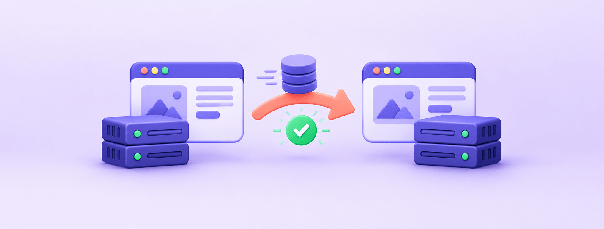 Two website servers connected by a transfer path with a database and verification check, illustrating a planned migration.