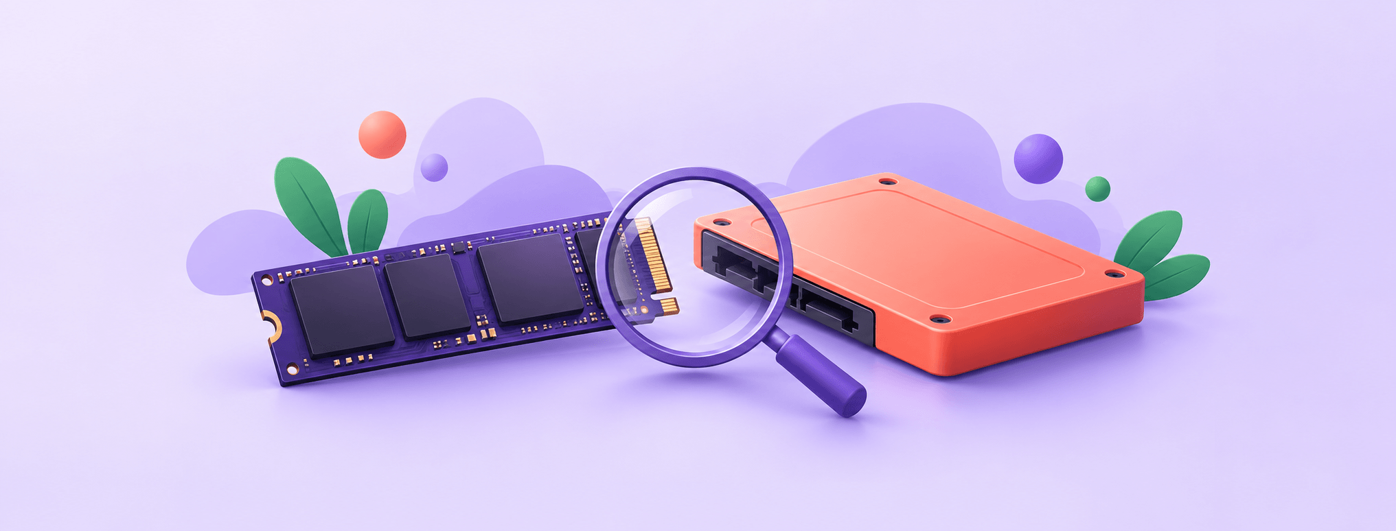 Two solid-state storage devices beneath a magnifying glass, illustrating NVMe and SATA storage differences.
