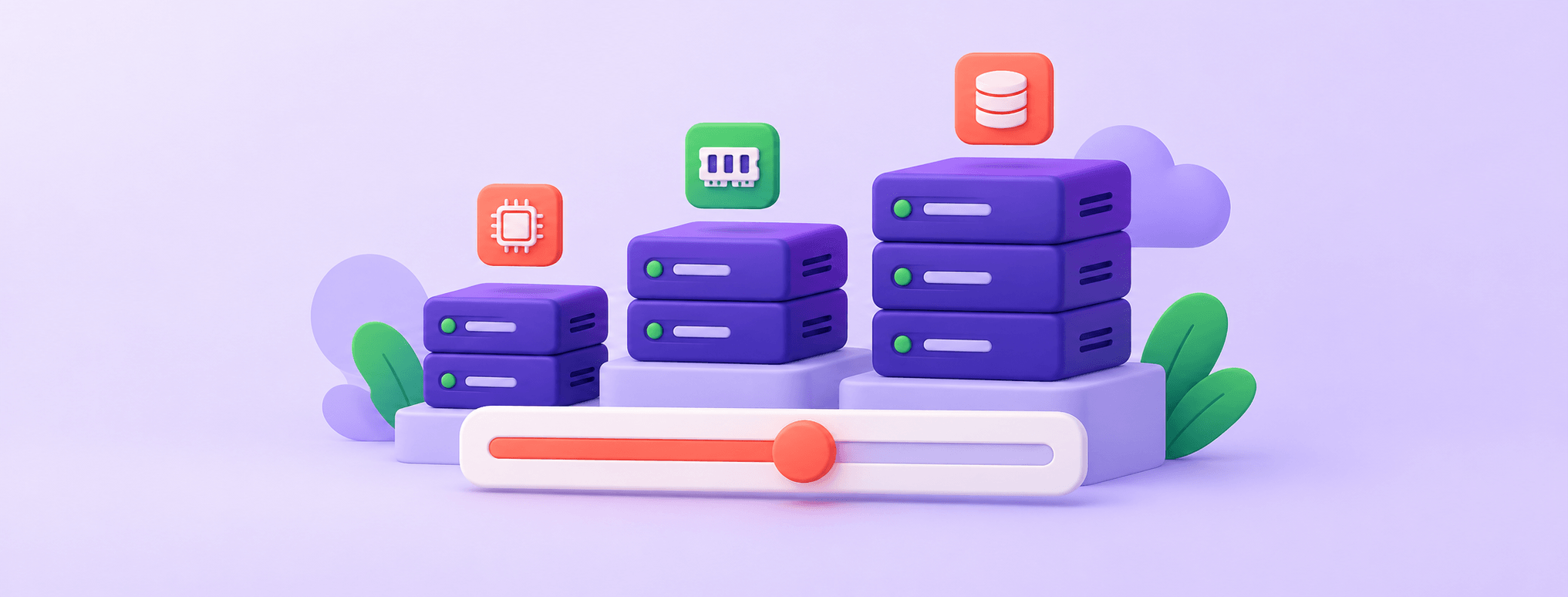 Three server sizes beside an adjustment slider and resource symbols, illustrating VPS capacity planning.