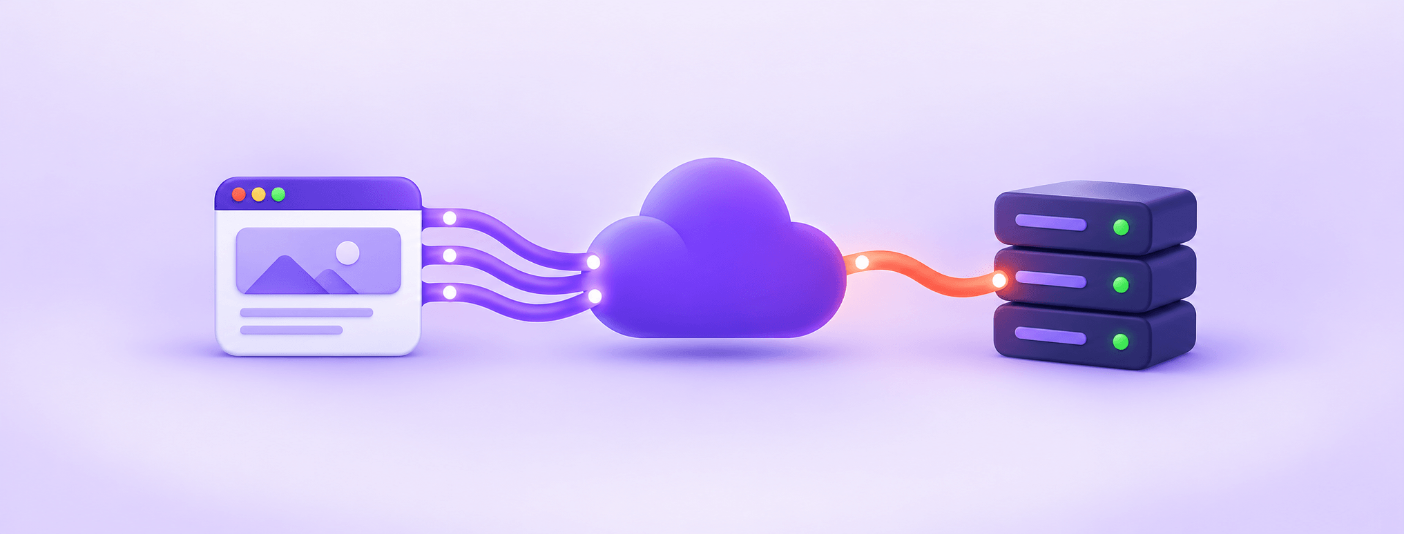 A browser connects through a purple cloud to a server, illustrating the separate visitor and origin connection legs.