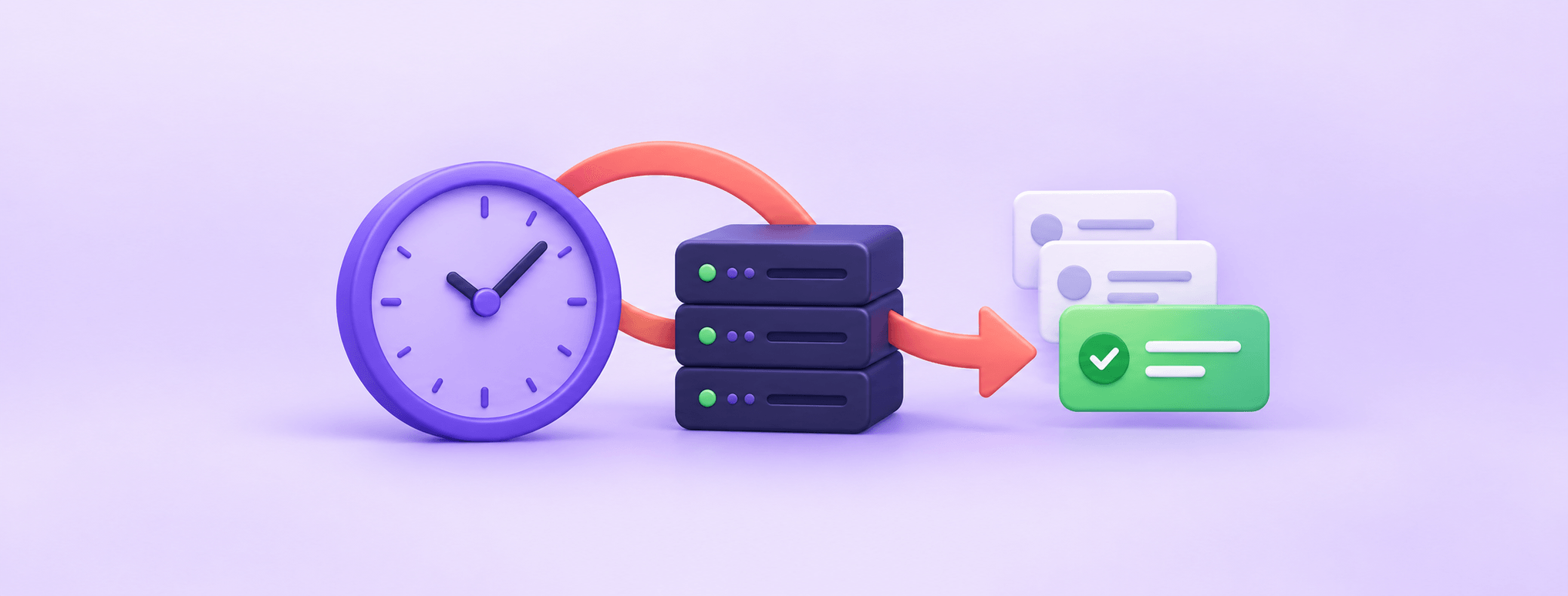 A clock and server send scheduled tasks toward a completion card, illustrating a real cron job for WordPress.