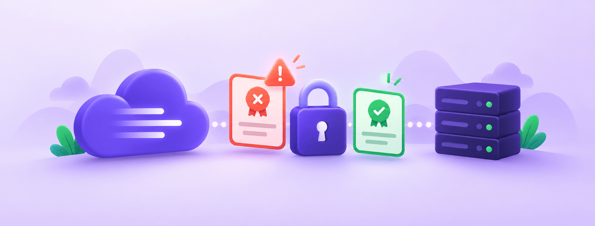 A cloud gateway checks a certificate beside an origin server, illustrating Cloudflare origin-certificate troubleshooting.
