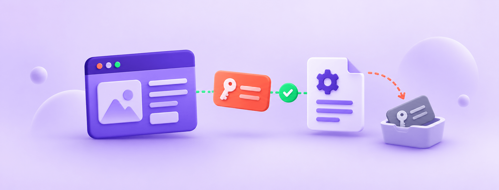 A website and API document connect through a separate key card, illustrating application-specific credentials.
