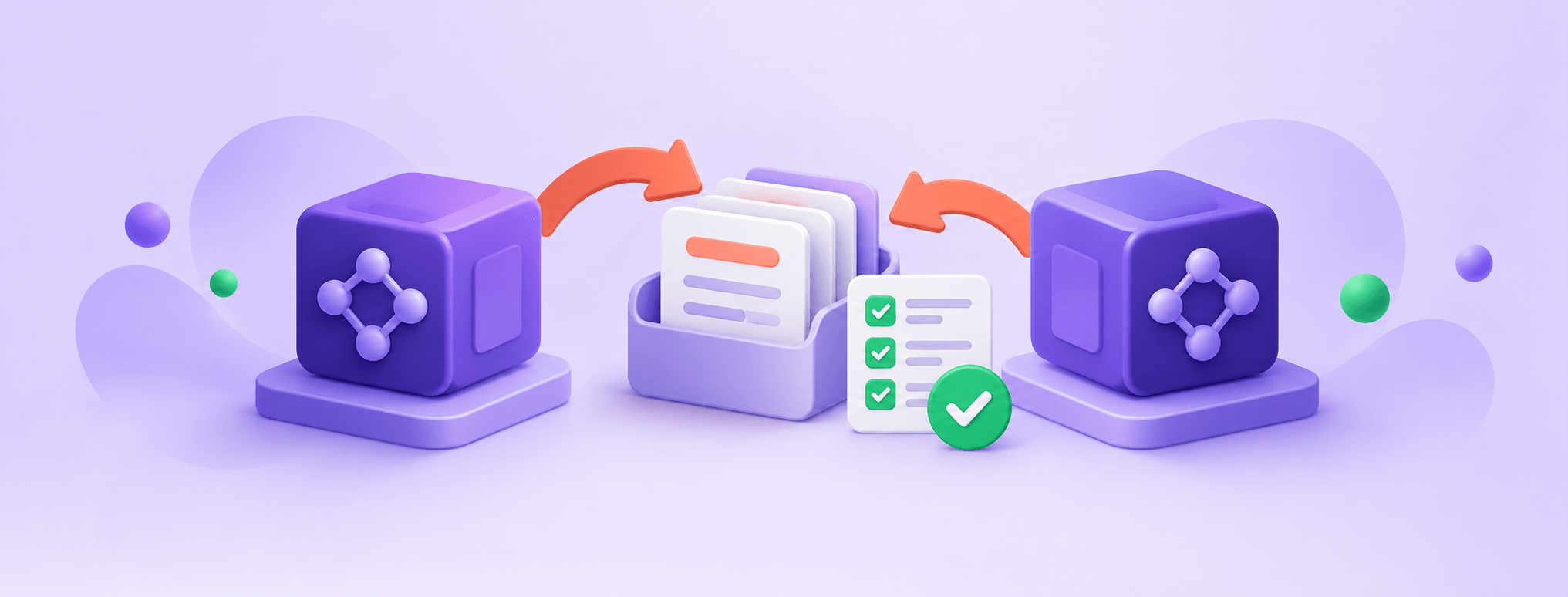 Two model-processing cubes share archived document cards beside a validation checklist.