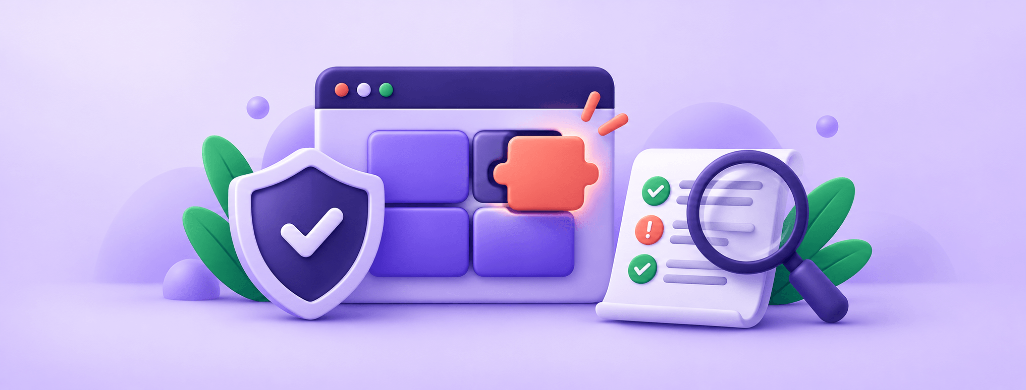 A website patch and protective shield sit beside an audit document and magnifying glass.