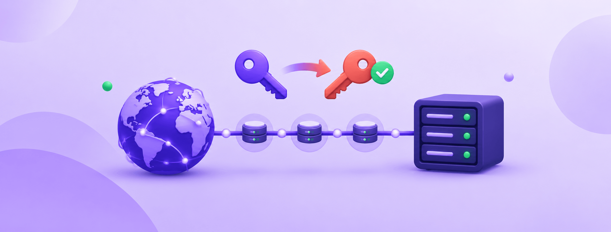 A globe and resolver chain connect to a server beneath two keys, illustrating DNSSEC trust-anchor changes.