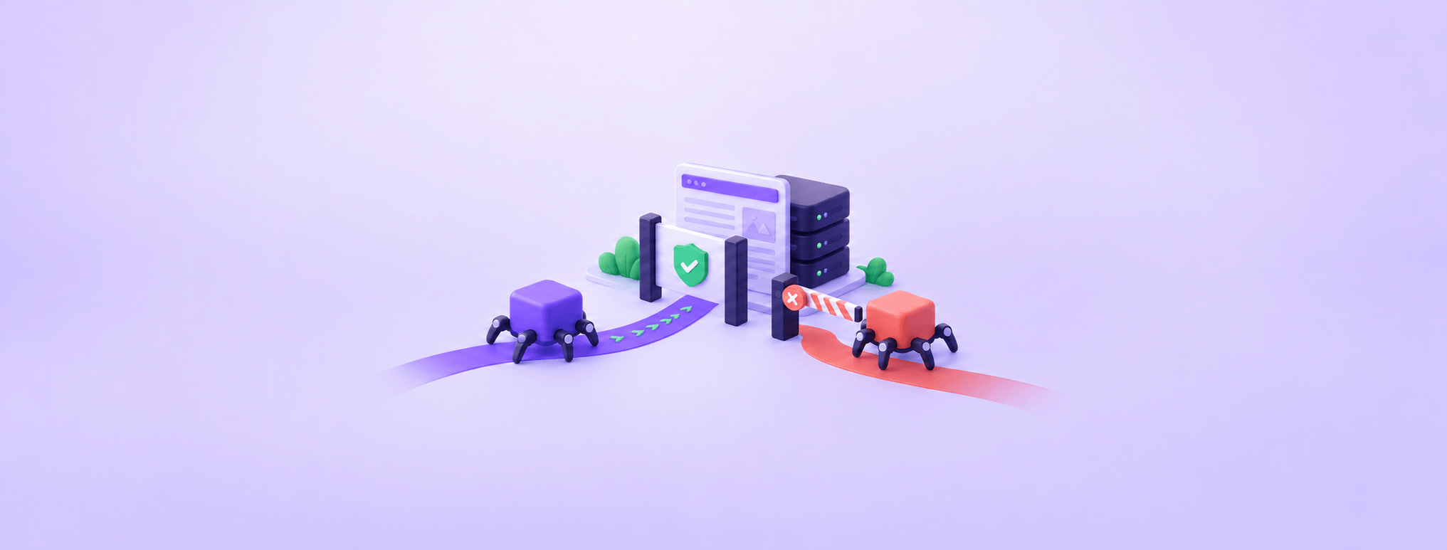 Two crawler robots follow allowed and restricted paths toward a website rule document and server.