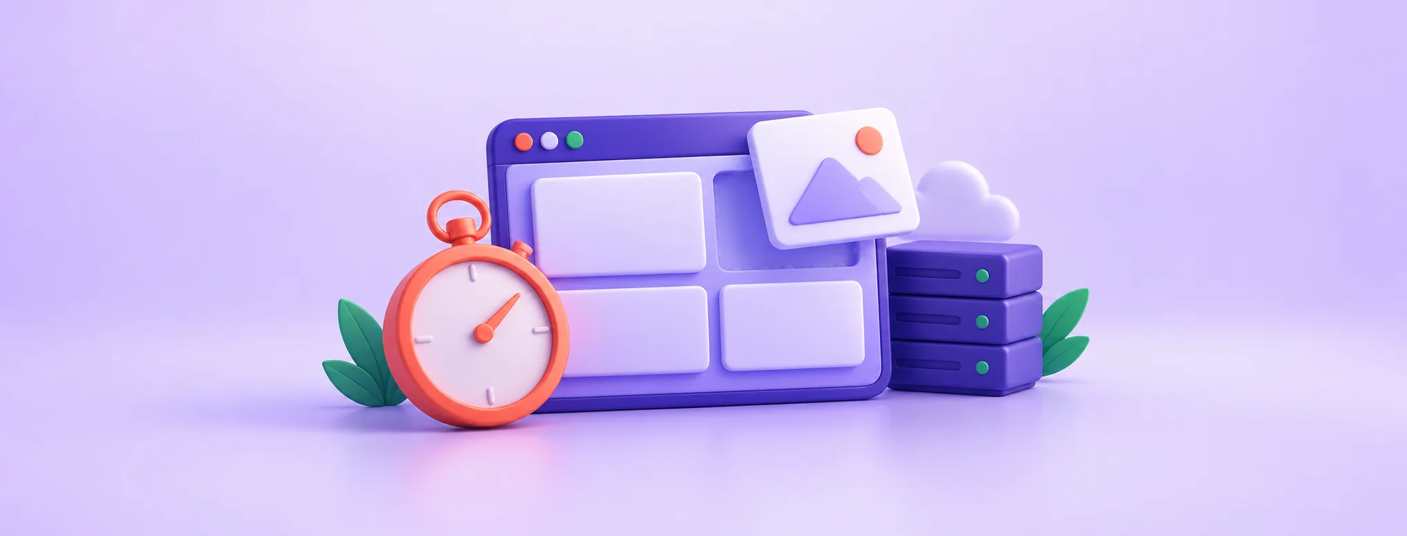 A purple website window and server beside a coral stopwatch and lightweight image tile, illustrating website performance optimization.