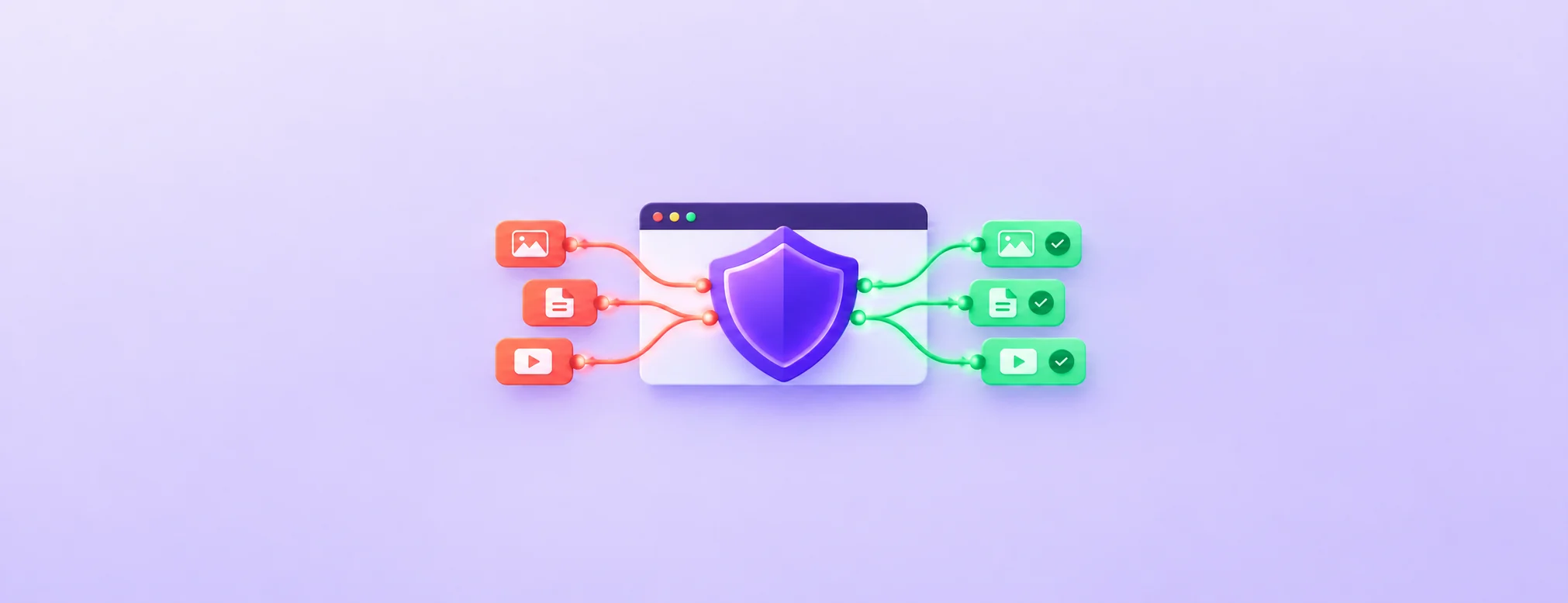 A browser shield connects coral resource tiles to green checked tiles, illustrating the repair of mixed content after moving a website to HTTPS.