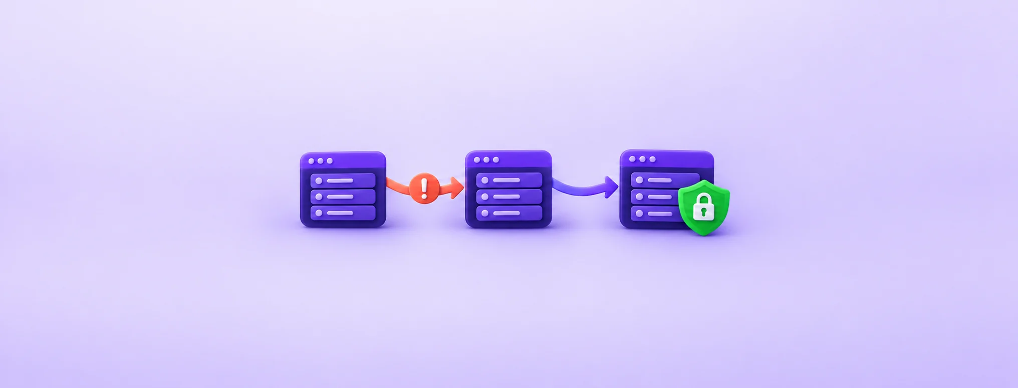 Three purple server tiles connected by arrows, with a warning at the first hop and a green locked shield at the destination.