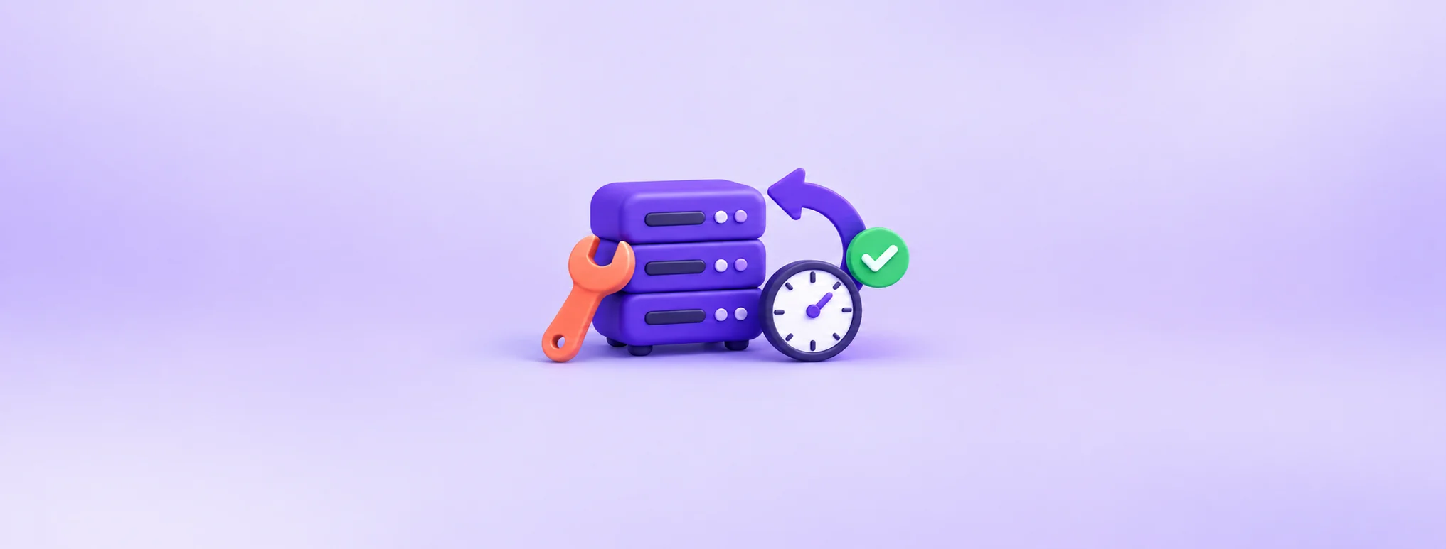 Purple server boxes beside a coral wrench, a clock and a return arrow, illustrating short planned website maintenance.