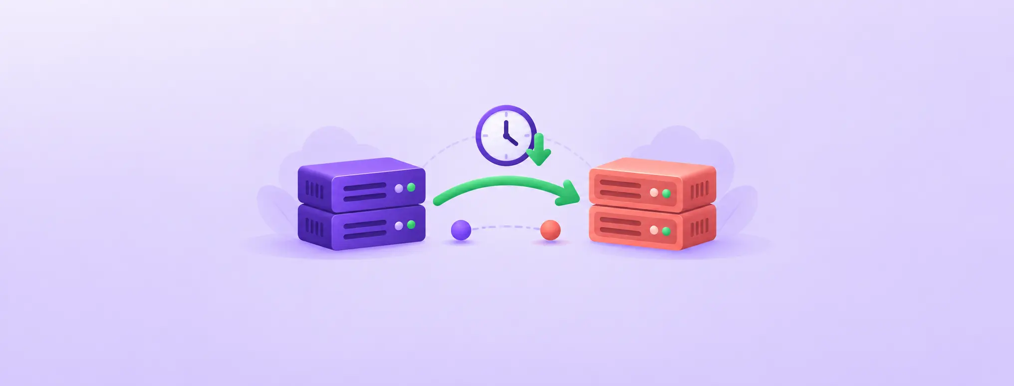 Purple and coral server stacks are connected by a routing arrow under a clock, illustrating a timed DNS cutover.
