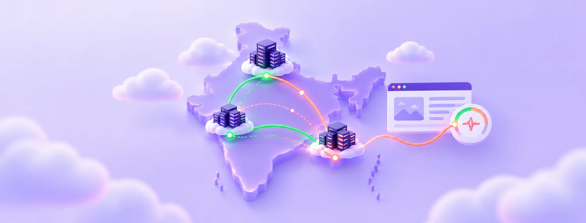 Three cloud region hubs across India connect to a website performance check through network paths.