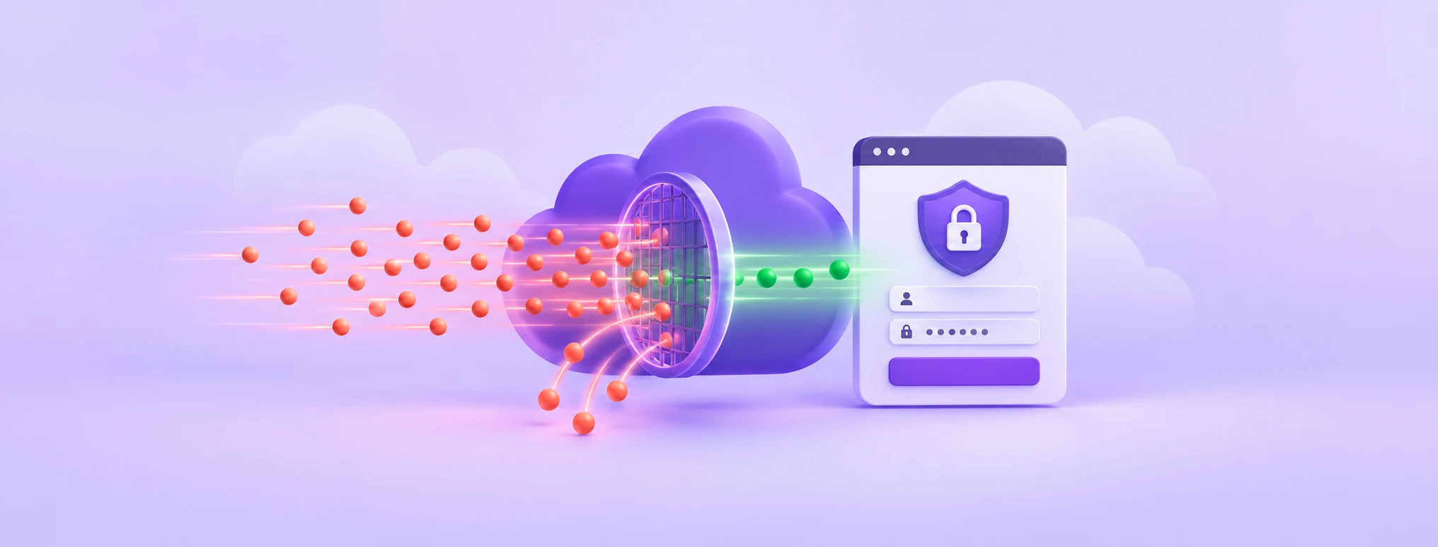 A cloud gateway filters a burst of login requests before they reach a protected sign-in page.