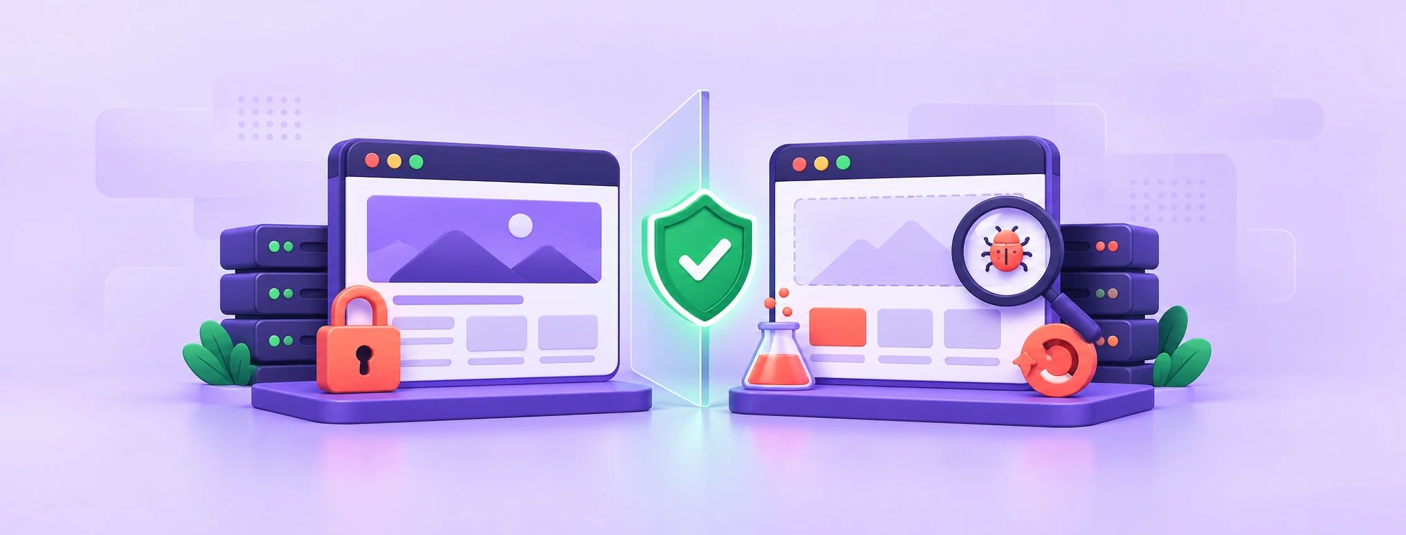 A protected live website is separated from an isolated staging site used for beta testing and rollback.