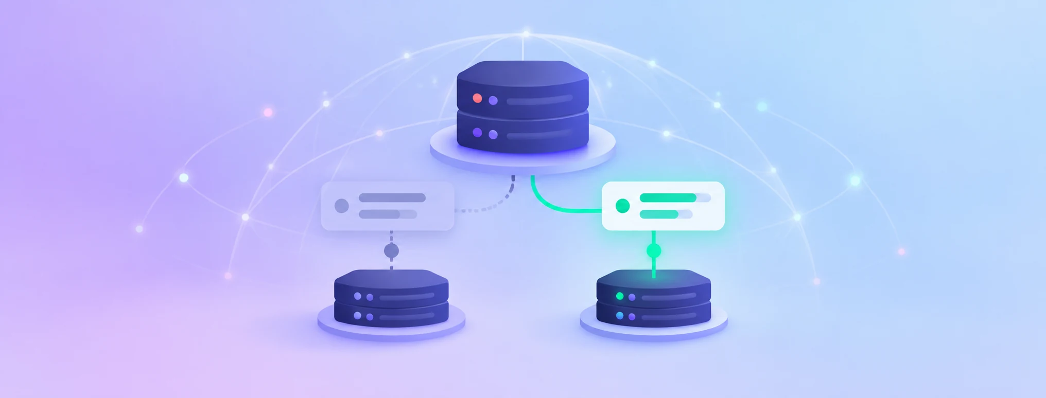 Three DNS servers show a delegated subdomain path, with one dim shadowed record and one active record.