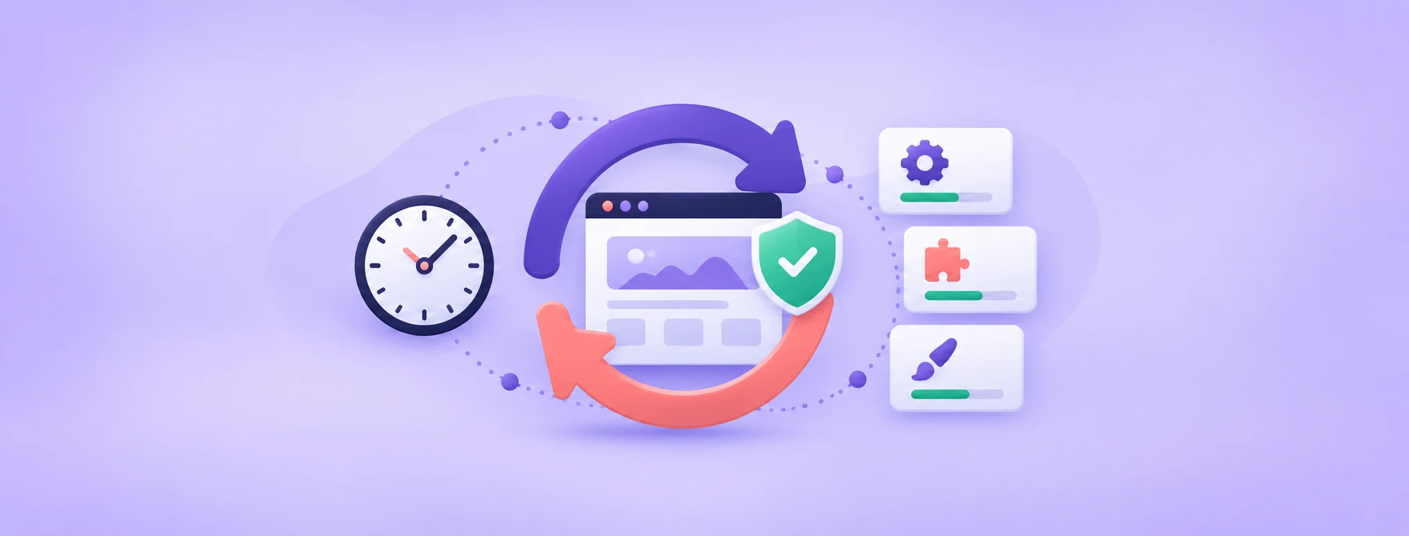 A website, clock and update arrows show scheduled core, plugin and theme updates completing safely.