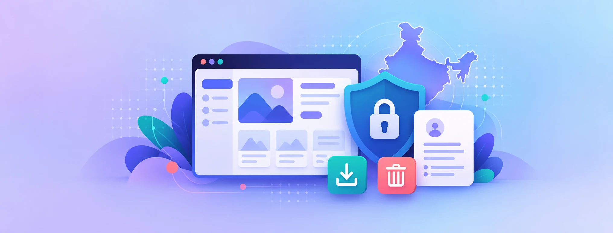 A WordPress privacy dashboard sits beside a shield, personal-data card, export icon and erasure icon, with India in the background.