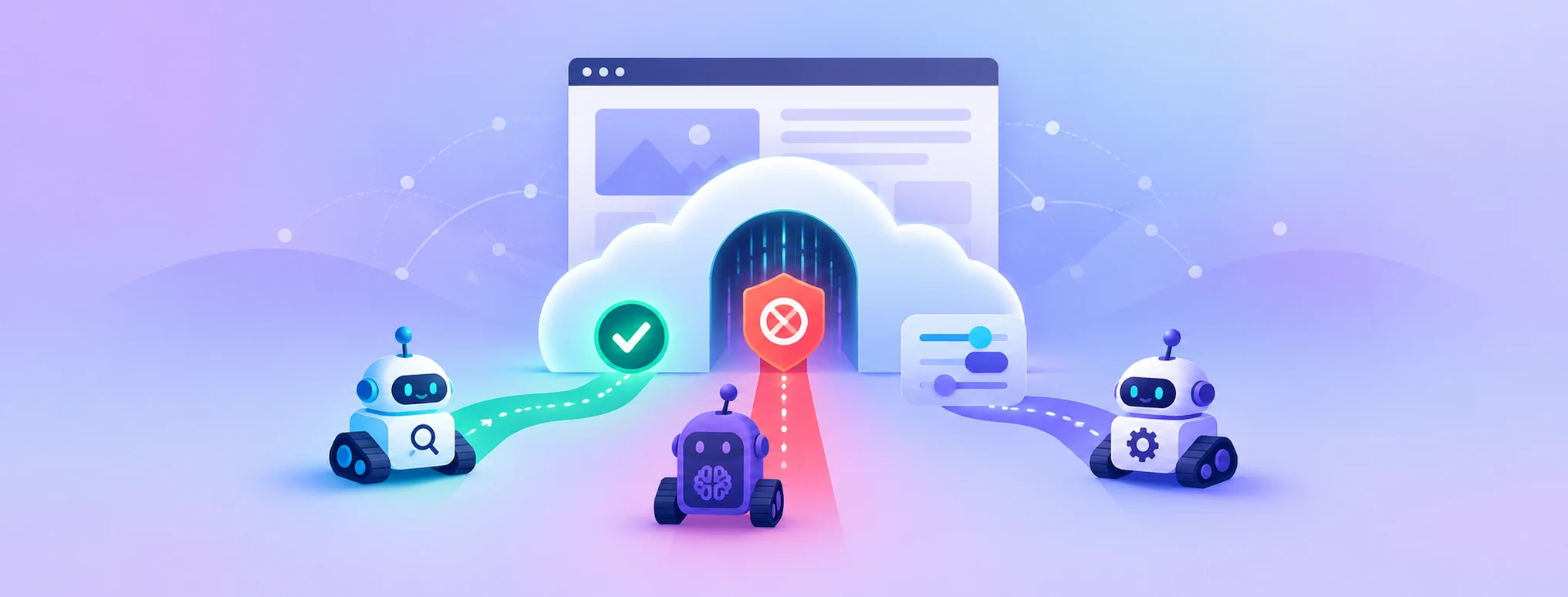 Three AI crawler paths approach a cloud gateway, with search allowed, training blocked and agent controls shown separately.