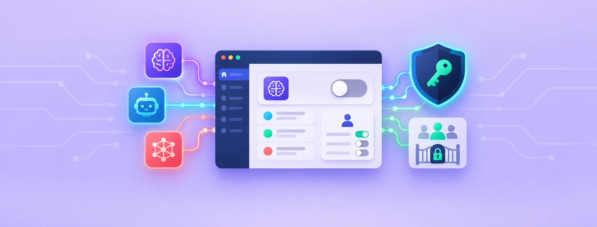 A WordPress-style settings dashboard controls AI connections, an API key shield and administrator-only access.