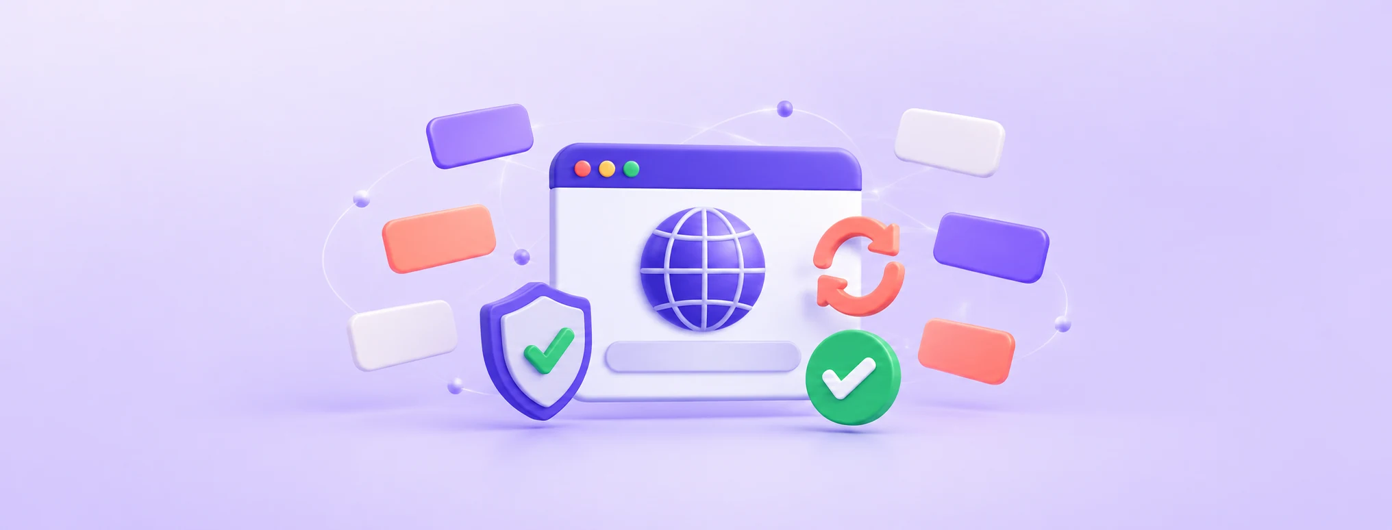 A domain dashboard with a globe, blank extension tiles, renewal arrows, a privacy shield and verification check marks.