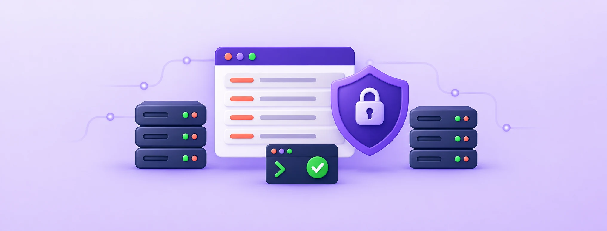 A browser response panel and server stacks protected by a shield, illustrating HTTP security headers on a web server.